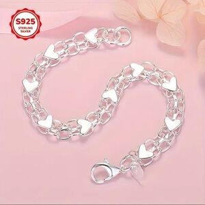 925 Sterling Silver Heart Link Bracelet Double Chain Layered Style NWT